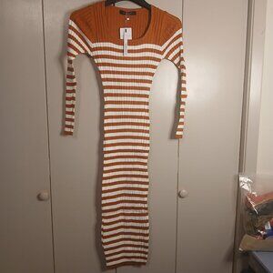 MEROKEETY Ribbed Knit Striped Women's Midi Sweater Dress Rust White S Side Slit